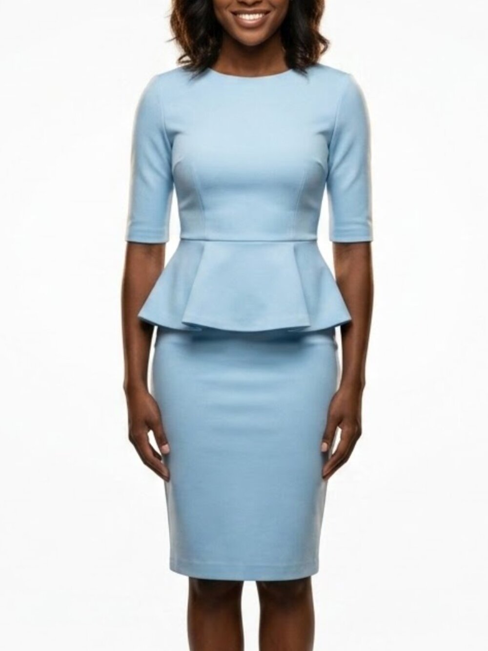 Brigitte Brianna Light Blue Peplum Midi Dress L 2010s Office Siren